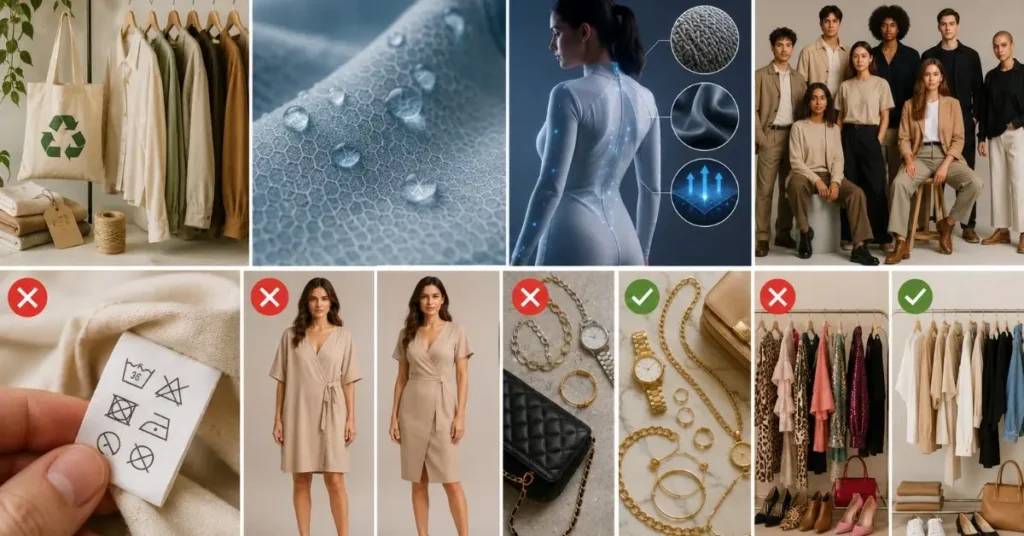 Modern American fashion dresses showcasing future fashion trends with sustainable fabrics, smart textiles, bold colors, and innovative contemporary designs.