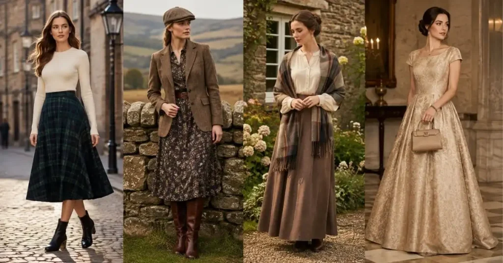 Modern collage of traditional UK outfits styled for today—tartan skirt with knit top, tweed blazer with midi dress, wool skirt with shawl, and an elegant vintage-inspired gown in neutral tones.