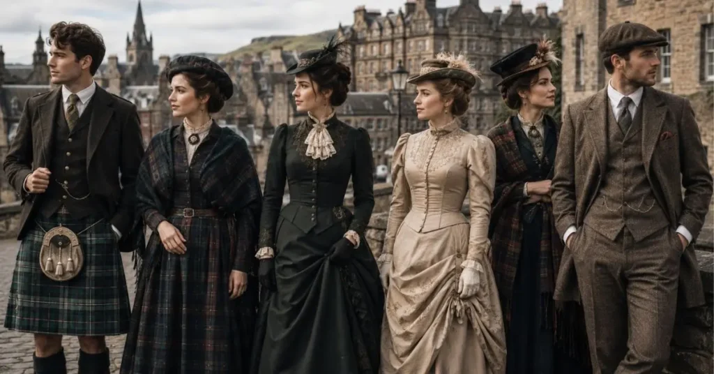 “Historical British heritage clothing featuring Victorian dresses, tailored coats, and Scottish tartan outfits in a classic European setting.”