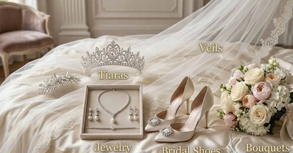 Elegant accessories complementing a princess wedding dress, including tiara, veil, bridal jewelry, sparkling shoes, and a bouquet designed for a royal-inspired fairytale bridal look.
