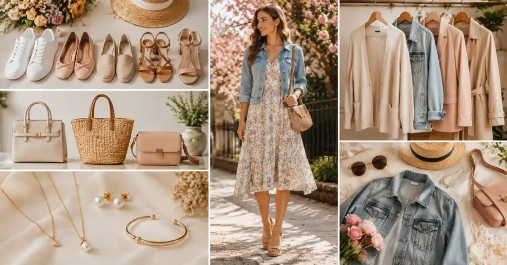 A curated selection of accessories that complement spring fashion, including lightweight scarves, handbags, sunglasses, and jewelry styled with soft, seasonal outfits for a fresh spring look.