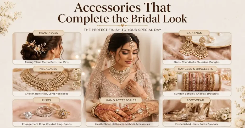 Bridal accessories including a veil, tiara, necklace, earrings, bracelet, and bouquet styled to complete an elegant wedding look.