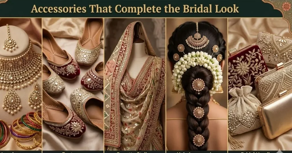 Accessories That Complete the Bridal Look .Elegant Jewelry, Dupatta Styling, Footwear, and Traditional Ornaments Enhancing Indian Wedding Dress Fashion