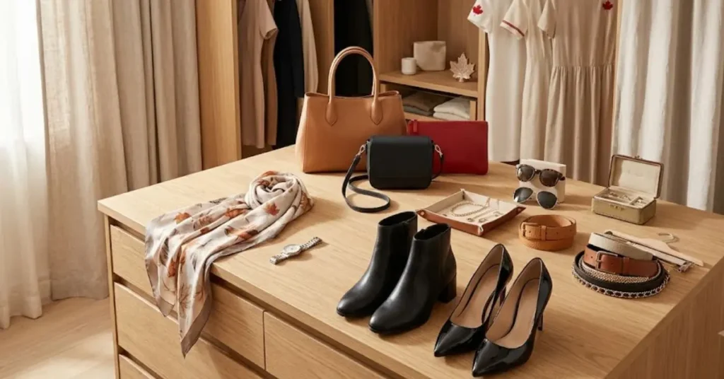 A stylish fashion image featuring accessories that complete the look of a Canada dress, including elegant handbags, jewelry, scarves, belts, and footwear coordinated to create a polished and fashionable outfit.