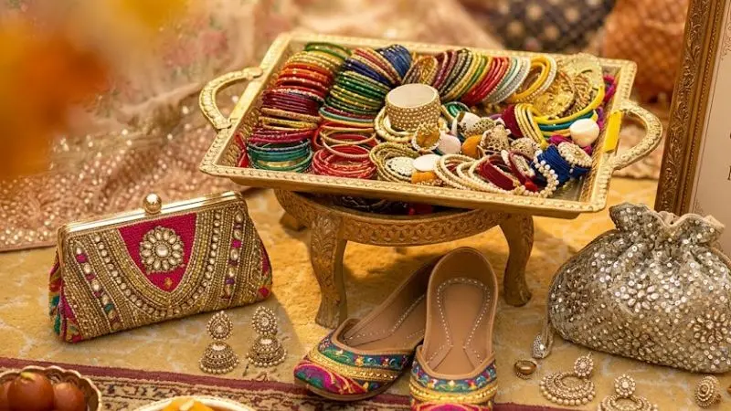 Stylish Mehndi accessories including floral jewelry, traditional bangles, statement earrings, embellished clutches, and elegant footwear designed to complete festive wedding outfits with a graceful and coordinated look.
