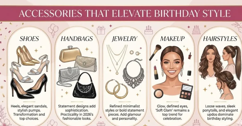 Accessories That Elevate Birthday Style featuring elegant jewelry, handbags, shoes, and trendy add-ons to enhance birthday outfits