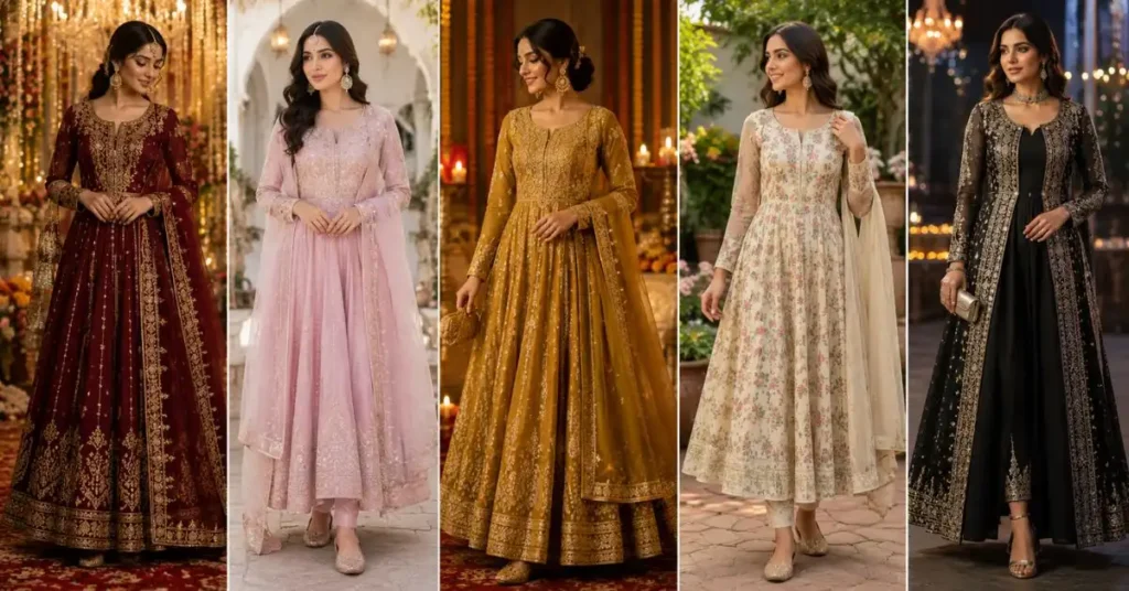 Anarkali Dress for Every Occasion: Elegant women wearing different Anarkali dresses for weddings, Eid celebrations, festive events, casual daily wear, and evening parties, showcasing a variety of colors, fabrics, and modern traditional styles.