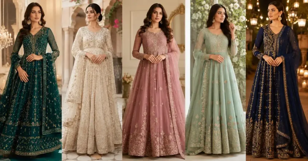 Elegant woman wearing a beautifully embroidered Anarkali Dress in a modern 2026 design, featuring a flowing silhouette, luxurious fabric, and traditional South Asian style for weddings, Eid, and festive occasions.