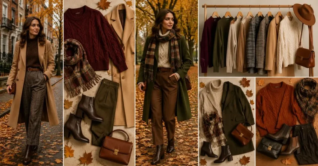 Autumn wardrobe essentials featuring cozy knit sweaters, trench coats, ankle boots, scarves, and layered seasonal outfits in warm earthy tones for stylish fall fashion.