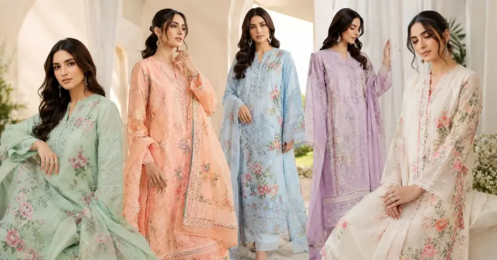 Beautiful Pakistani lawn dresses summer collection featuring trendy floral prints, vibrant colors, and elegant designs for women in a bright summer fashion setting.