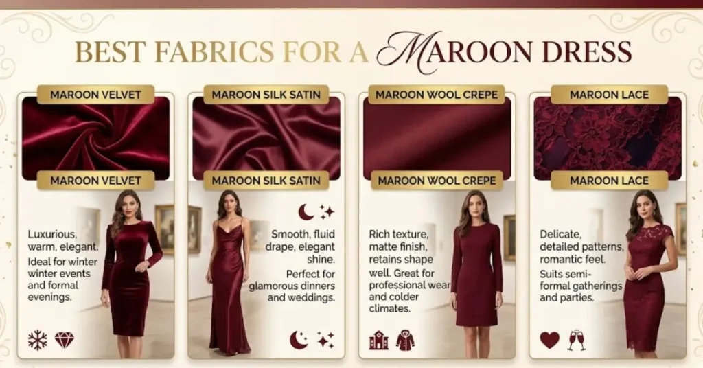 Best fabrics for a maroon dress including satin, silk, chiffon, velvet, and cotton for comfort and style.