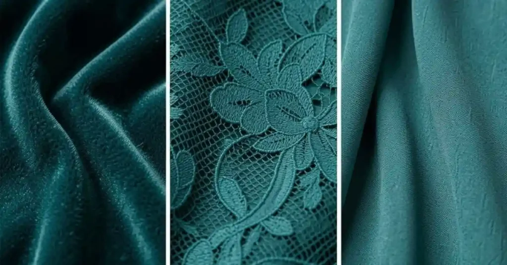 Luxurious teal dress fabrics including satin, chiffon, velvet, silk, lace, and crepe, showcasing elegance, texture, and modern fashion appeal.