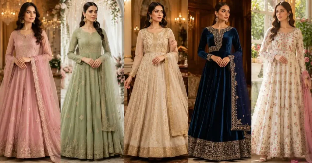 Collection of elegant Anarkali Dresses in georgette, organza, silk, velvet, and cotton fabrics, showcasing flowing silhouettes, rich embroidery, and stylish designs for weddings, festivals, and everyday wear.