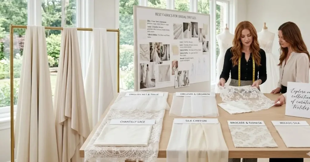 A collection of bridal dress fabrics including lace, silk, satin, and chiffon highlighting texture, softness, and luxury wedding material choices.