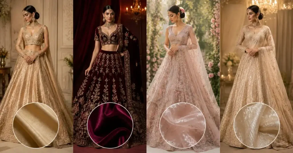 Best Fabrics for Bridal Lehenga Styles 2026 featuring luxurious raw silk, dupion silk, velvet, organza, and tissue fabrics with intricate embroidery, elegant textures, and premium South Asian bridal fashion.