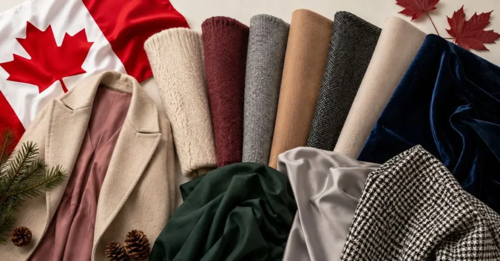 A high-resolution flat lay image showcasing a variety of best fabrics for Canada dresses, including wool, velvet, cotton blends, and knit materials arranged in elegant seasonal tones.