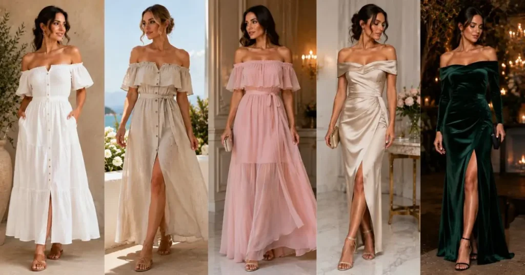 Selection of premium dress fabrics including cotton, linen, chiffon, satin, and silk, highlighting comfort, breathability, elegance, and style for off shoulder dresses.