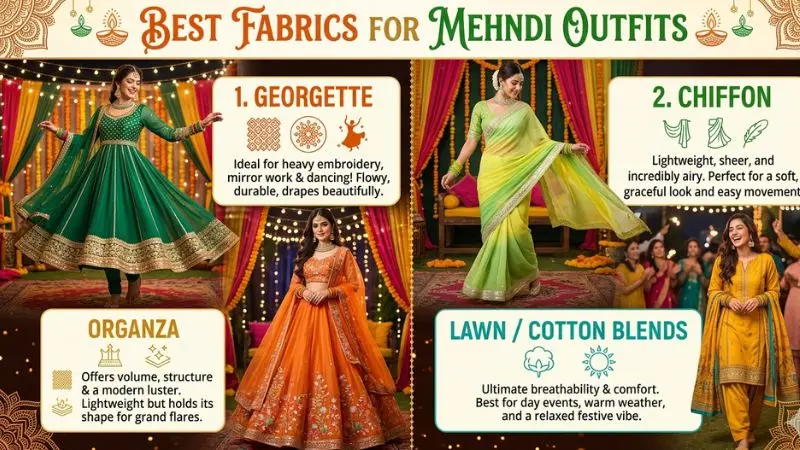 Elegant display of Mehndi outfit fabrics including chiffon, organza, silk, georgette, net, and lawn blends, highlighting soft textures, lightweight materials, and vibrant colors used in traditional and modern Mehndi fashion.