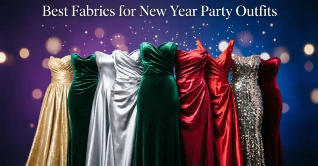 Elegant selection of fabrics for New Year party outfits including velvet, satin, silk, chiffon, and sequins designed for stylish and festive evening wear in 2026 celebrations.