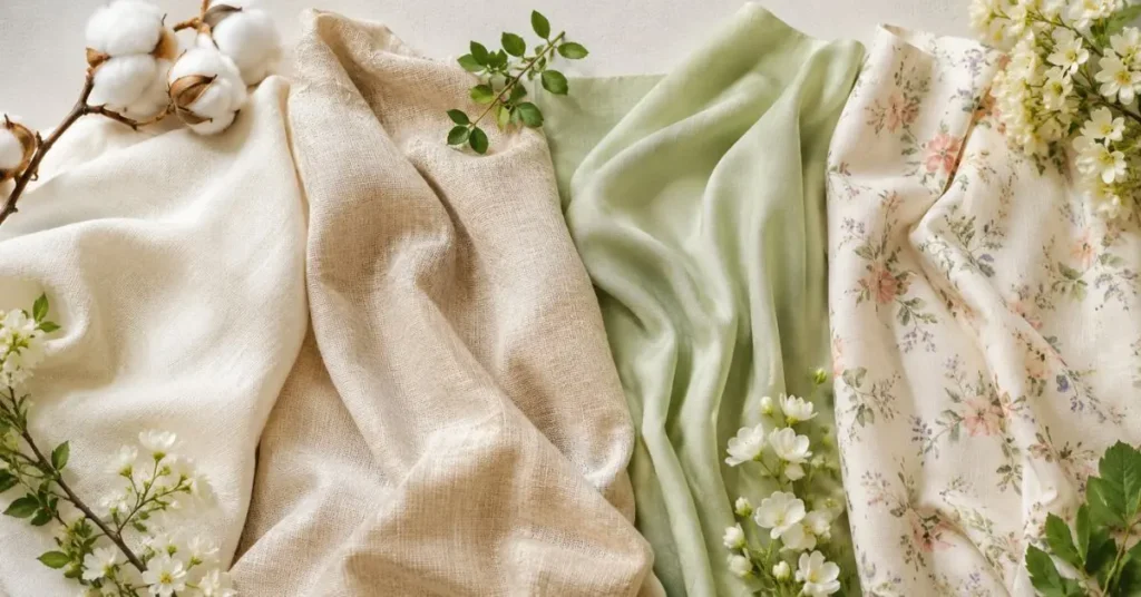 Soft spring fabric flatlay featuring cotton, linen, rayon, and lightweight blended textiles arranged with delicate floral accents on a neutral background, representing best fabrics for spring dresses.