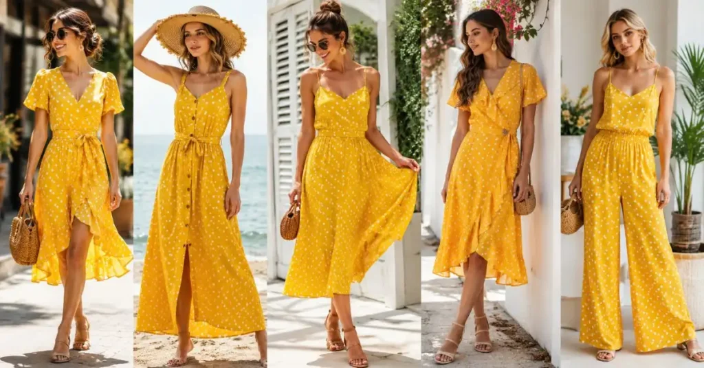 Collection of lightweight summer fabrics, including cotton, linen, and rayon, used in a stylish yellow polka dot dress for breathable warm-weather comfort.