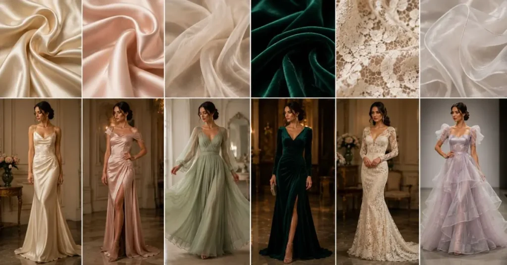 Best Fabrics Used in Designer Collections featuring luxurious silk, satin, chiffon, velvet, lace, and organza fabrics showcased in elegant designer dresses, highlighting premium quality, texture, and timeless fashion appeal.