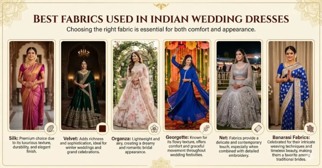 Collection of premium fabrics used in Indian wedding dresses, including silk, velvet, organza, georgette, and Banarasi textiles, showcasing elegance and bridal fashion trends for 2026.