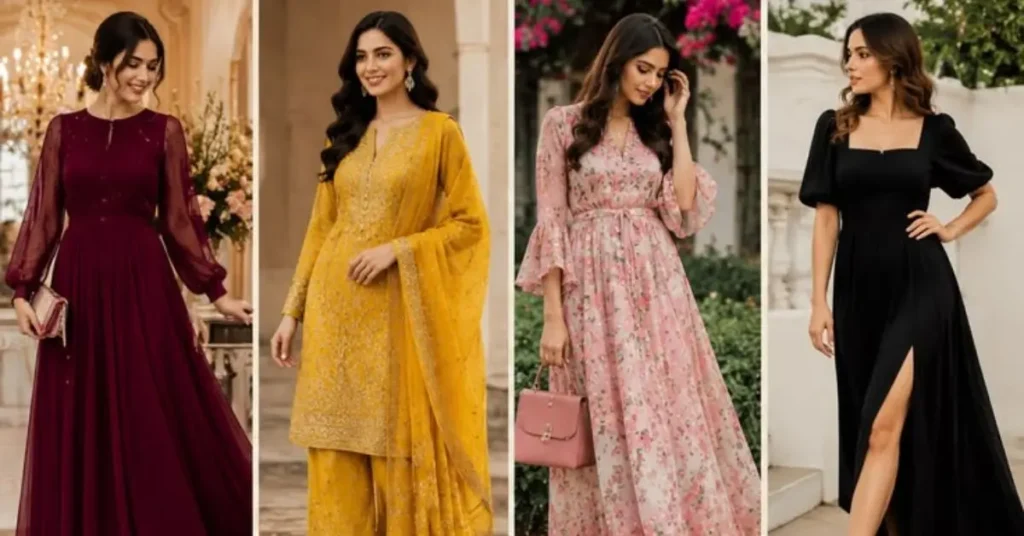 Best fabrics used in latest dress designs including cotton, linen, chiffon, satin, silk, and organza, showcasing comfort, elegance, and modern fashion trends.