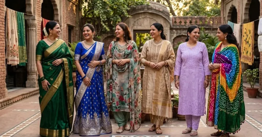Premium fabrics used in South Asian fashion, including silk, chiffon, cotton, lawn, and velvet, showcasing elegance, comfort, rich textures, and traditional craftsmanship.