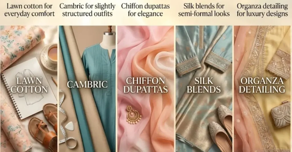 Premium summer fabrics including lawn cotton, cambric, chiffon, and silk blends.