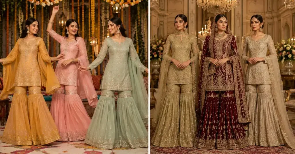 Bride wearing a sharara and a gharara to showcase the best occasions for each traditional outfit.