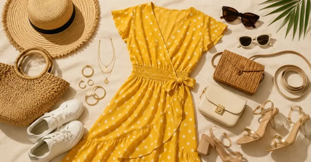 Summer yellow polka dot dress paired with white sneakers, nude sandals, a straw hat, woven handbag, and delicate jewelry for a stylish seasonal outfit.