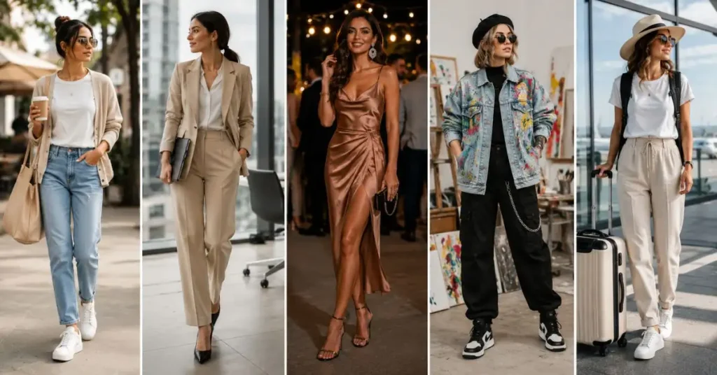 Fashion lifestyle collage showing best uses and applications of different fashion styles, including casual wear, professional outfits, social event fashion, creative industry looks, and travel-friendly clothing styles.
