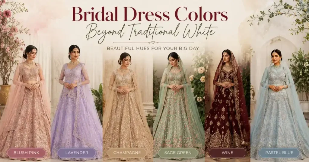 Elegant bridal dresses in blush pink, lavender, champagne, sage green, wine, and pastel blue, showcasing beautiful wedding color alternatives beyond traditional white.