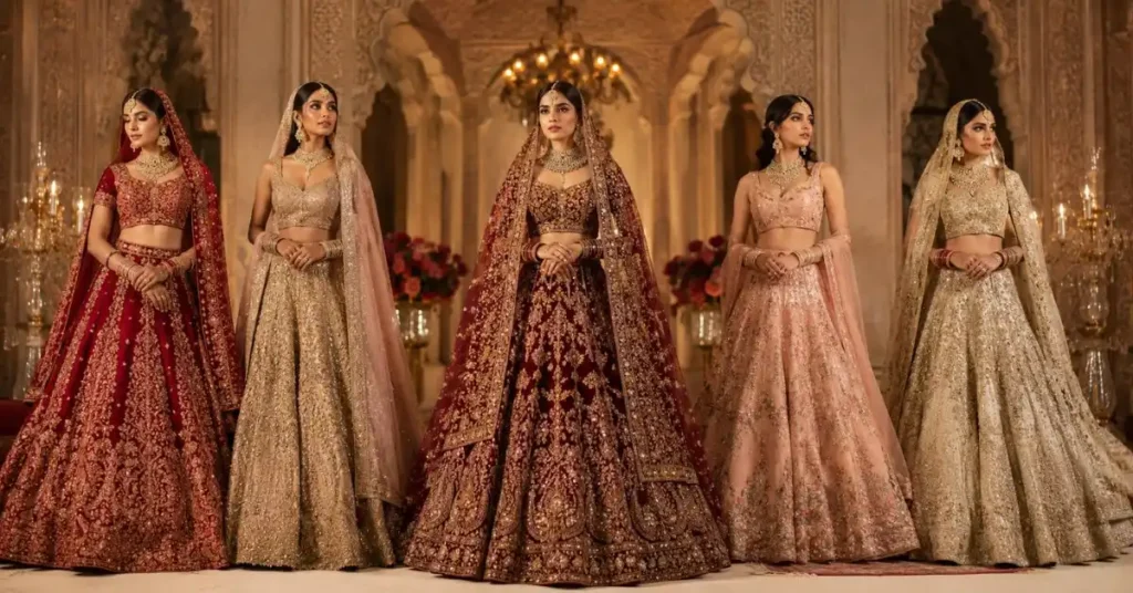 Bridal Lehenga Styles 2026 featuring elegant South Asian brides wearing luxurious embroidered lehengas in red, ivory, gold, and pastel shades inside a grand royal wedding-inspired setting.