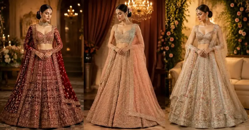Bridal Lehenga Styles 2026 for Every Budget featuring luxurious designer, mid-range, and affordable bridal lehengas with elegant embroidery, premium fabrics, and timeless South Asian wedding fashion.