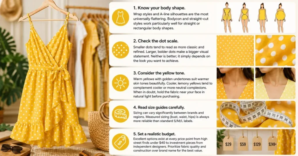 Shopping guide for a summer yellow polka dot dress showcasing different styles, fabrics, and price options to help choose the perfect fit and design.