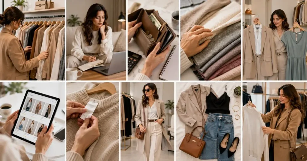 Fashion buying and selection guide showing comparison of clothing options, fabric quality evaluation, size and fit checking, color selection, and choosing suitable outfits for different occasions.