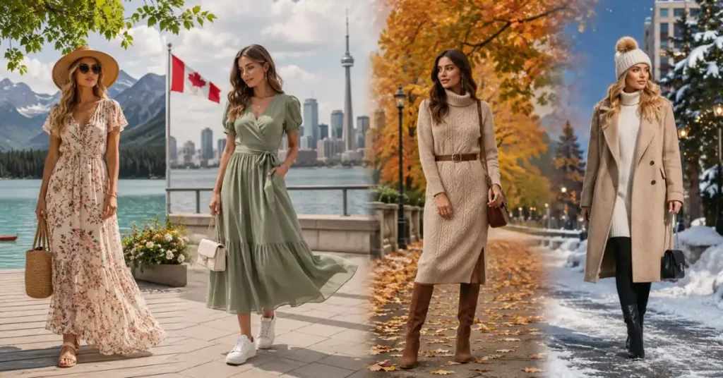 Stylish women wearing trendy Canada dresses for all seasons, including floral maxi dresses, casual midi dresses, cozy sweater dresses, and winter fashion outfits against iconic Canadian landscapes.