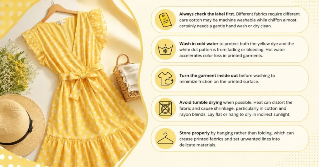 Care guide for a summer yellow polka dot dress showing gentle hand washing, proper ironing, and storage techniques to maintain fabric quality and color.
