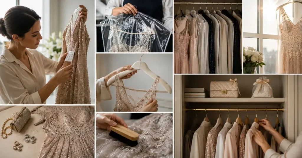 Caring for Luxury Designer Garments featuring proper storage, garment bags, padded hangers, fabric maintenance, professional dry cleaning, and careful handling to preserve the beauty and longevity of designer dresses.