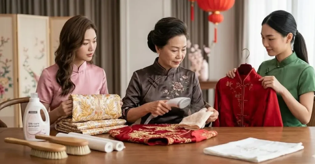 Caring for silk wedding garments by gently cleaning, storing in breathable fabric covers, and avoiding direct sunlight to preserve their elegance and texture.