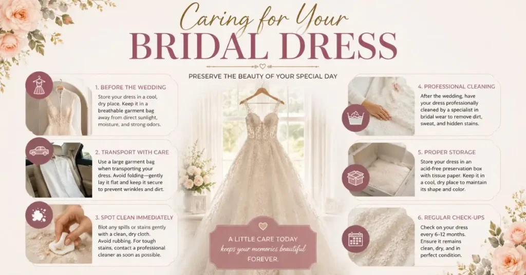 Elegant bridal wedding dress hanging on display with care and preservation tips, highlighting proper cleaning, storage, and maintenance after the wedding day.