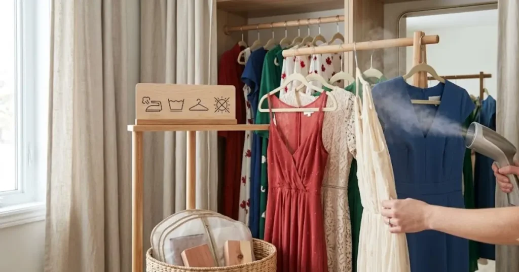 A practical fashion care image showing proper methods for caring for Canada dresses, including fabric maintenance, washing instructions, storage techniques, and tips to preserve quality and appearance over time.