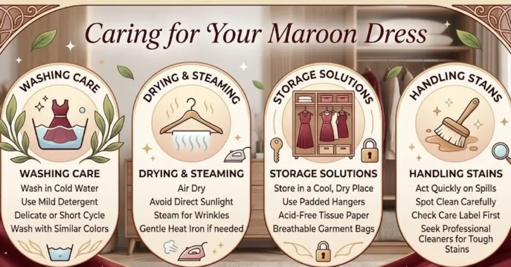 Proper care and maintenance of a maroon dress to preserve its color, fabric quality, and elegant appearance.