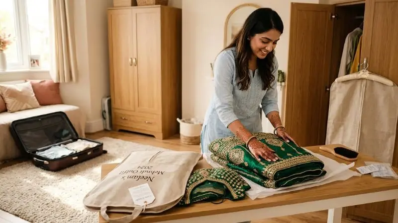 Care guide concept for Mehndi attire showing delicate embroidered outfits being gently cleaned, stored in protective garment bags, and maintained with care to preserve vibrant colors, intricate details, and festive elegance.