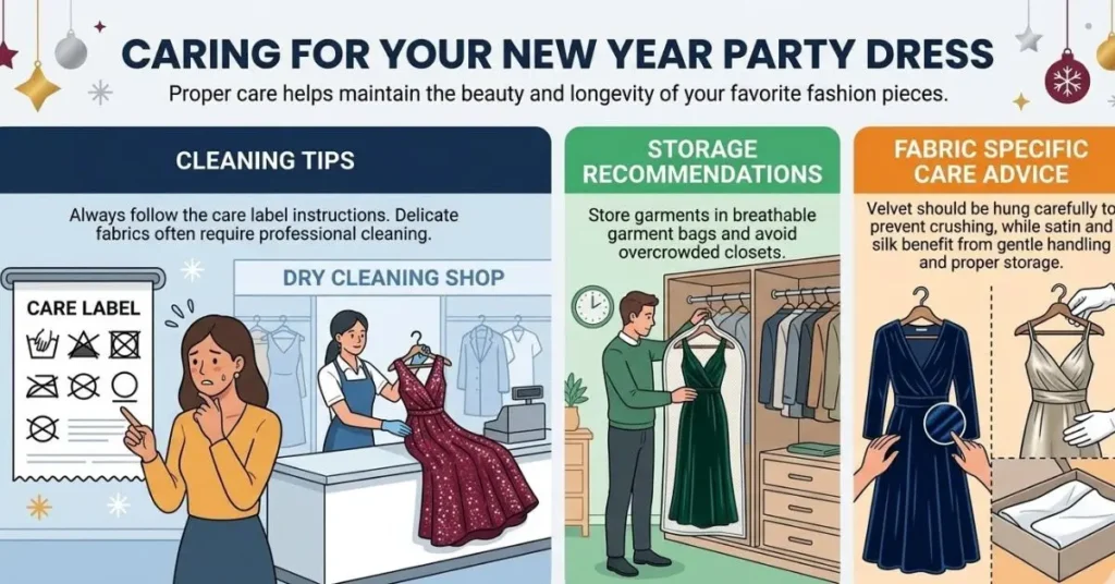 Proper care tips for New Year party dresses, showing elegant outfits being gently stored, cleaned, and maintained to preserve fabric quality, shine, and beauty after festive 2026 celebrations.
