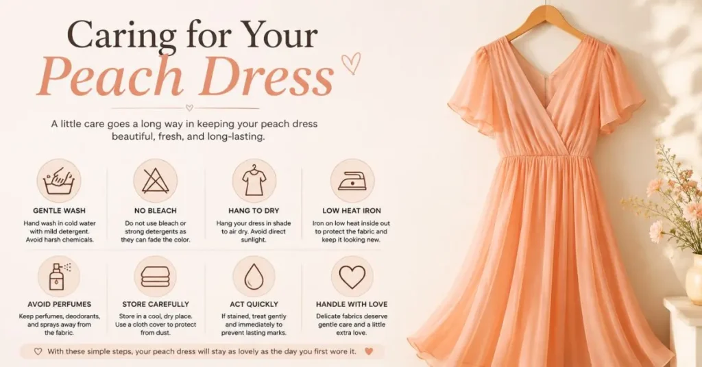 Caring for Your Peach Dress – a stylish care guide infographic showing tips for washing, drying, ironing, and storing a peach dress to keep the fabric fresh and long-lasting.