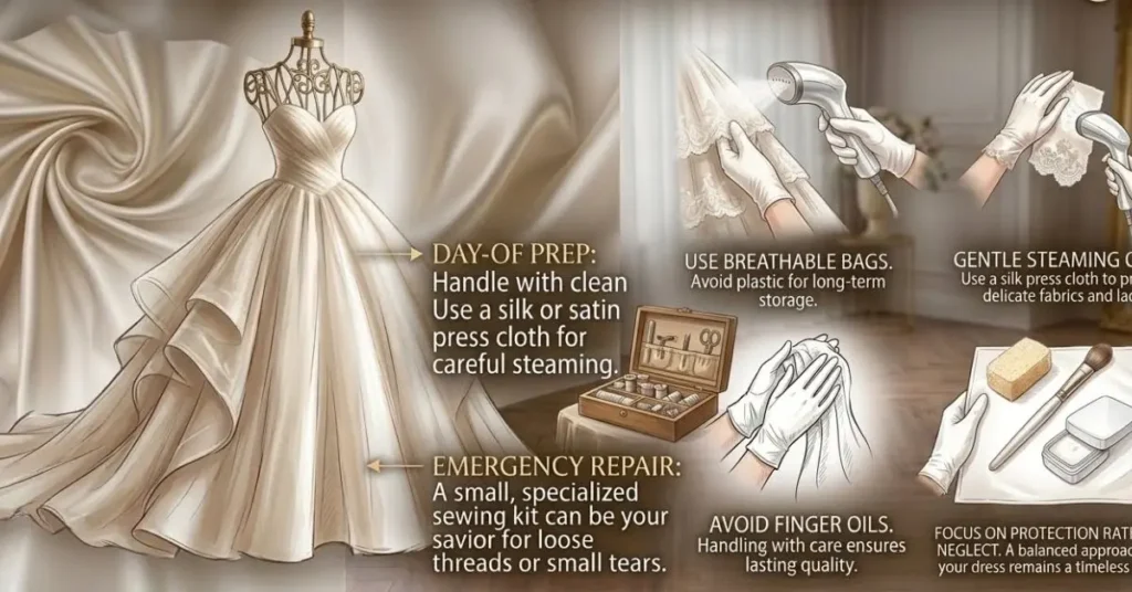Princess wedding dress carefully preserved on a bridal hanger, showcasing proper cleaning, storage, and maintenance techniques to keep the gown beautiful after the wedding day.