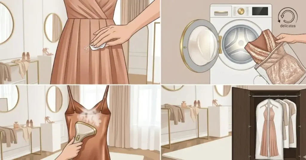 Caring for your rose gold dress with proper washing, storage, and maintenance tips to preserve fabric quality and shine.